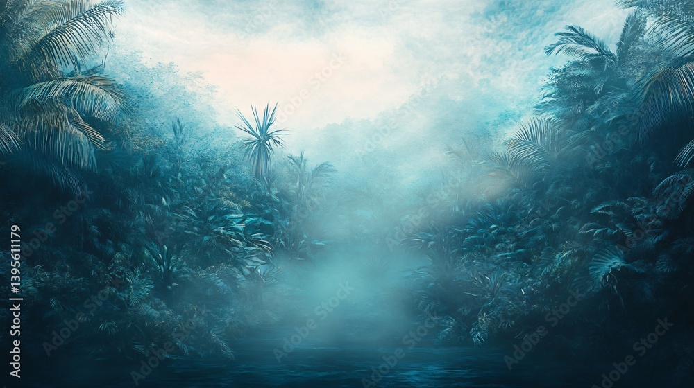 Obraz premium Mystical Rainforest: Lush Foliage and Ethereal Mist in a Tropical Paradise