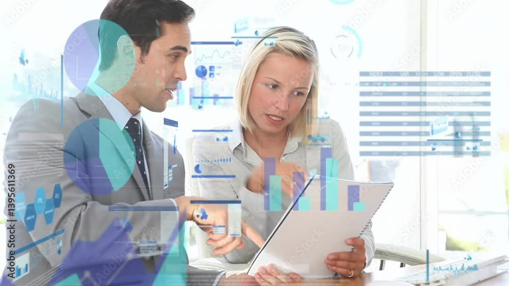Discussing data with charts, business professionals in meeting room using animation Discussing data with charts, business professionals in meeting room using animation