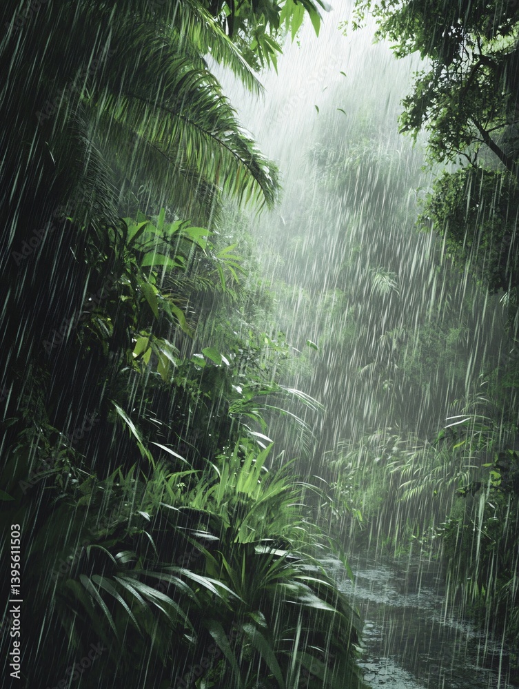 Naklejka premium Rain in the Rainforest: Lush Greenery in a Downpour