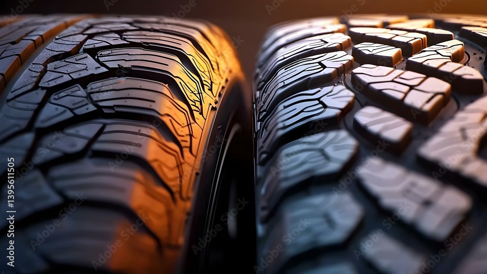 Two close-up tires displaying different tread patterns, highlighting their textures and design for various performance. Concept Tire Design Comparison, Tread Patterns Explained, Performance Features