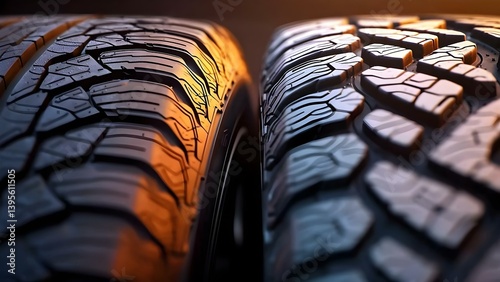 Obraz na płótnie Two close-up tires displaying different tread patterns, highlighting their textures and design for various performance. Concept Tire Design Comparison, Tread Patterns Explained, Performance Features w salonie
