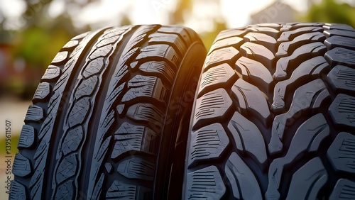 Two close-up tires with distinct tread patterns, showcasing differences in design and grip suitability. Concept Tire Tread Patterns, Grip Performance, Close-Up Photography, Design Comparison