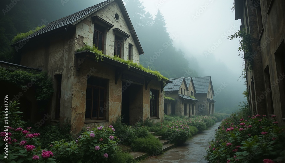 custom made wallpaper toronto digitalAncient stone buildings overgrown with greenery and wildflowers, misty atmosphere, rusty hinges.