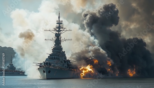 Dramatic Military Ship in Smoke and Flames for Pearl Harbor Day Remembrance