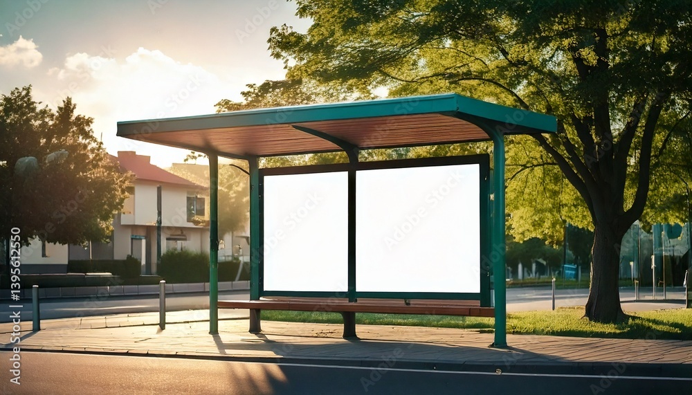 Fototapeta premium Two blank vertical billboards placed inside a bus stop shelter, with the light of the sunset falling in a residential neighborhood. For the presentation of brands and/or services