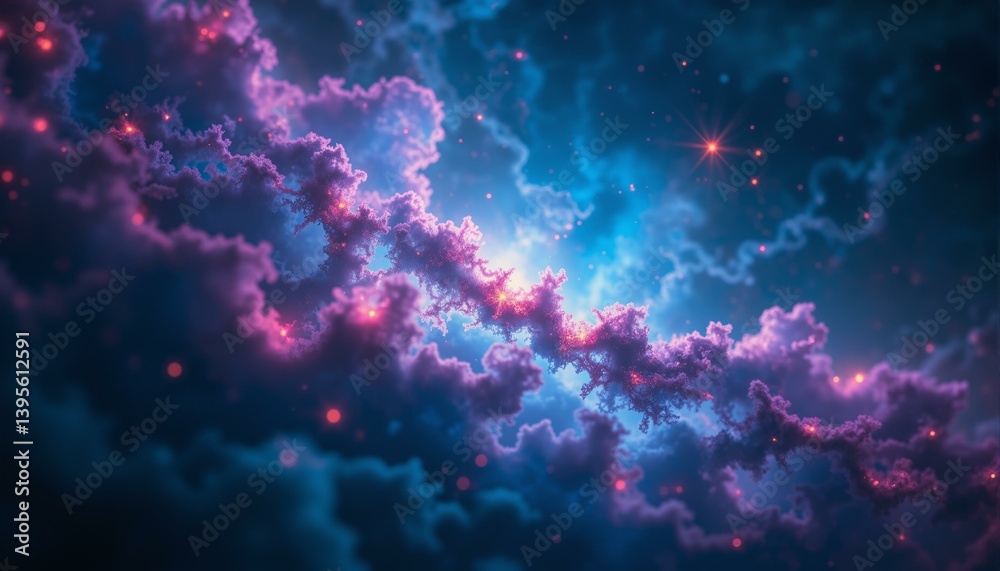 Fototapeta premium A stunning nebula with shimmering threads, stars, and ionized gas against a sapphire and amethyst background.