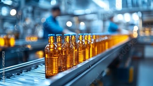 Automated beverage bottling line in a modern production facility. photo