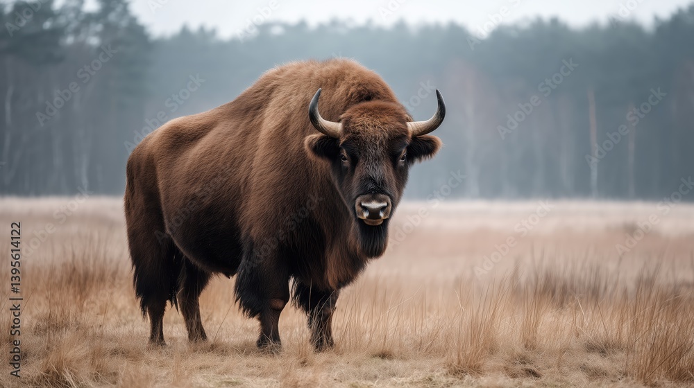 The European bison stands proudly in the open field, its massive frame, curved horns, and dense fur exuding raw strength and presence.
The European bison stands proudly in the open field, its massive frame, curved horns, and dense fur exuding raw strength and presence.