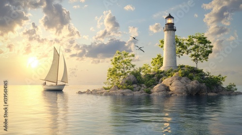 Wallpaper Mural Idyllic Island Setting with a Lighthouse and a Majestic Sailing Boat Torontodigital.ca
