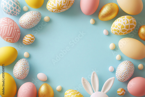 Easter Eggs Border with Bunny Ears on Blue Background, Colorful and Decorative