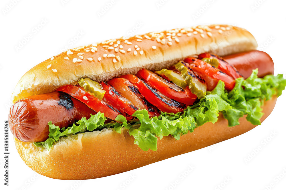Close up of a hotdog with toppings on a sesame seed bun yummy food on transparent background Close up of a hotdog with toppings on a sesame seed bun yummy food on transparent background