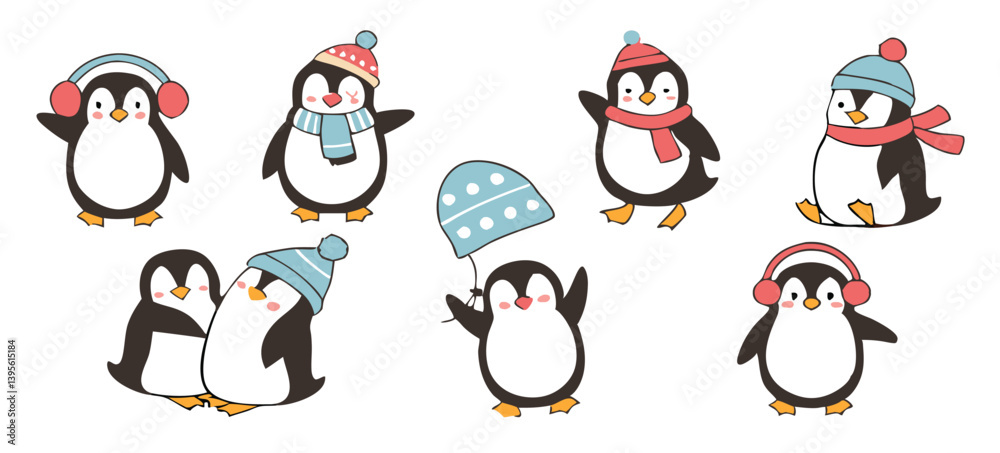 Obraz premium Cute Cartoon Penguin Collection – Winter Holiday, Snow Fun, and Summer Beach Clipart Set for Kids Designs and Seasonal Decorations.