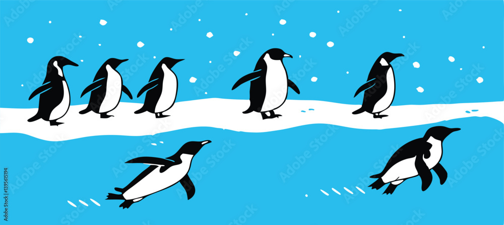 Fototapeta premium Penguin Vector Collection – Stylized Emperor Penguins Walking, Swimming, and Grouped in Arctic Wildlife Scene.