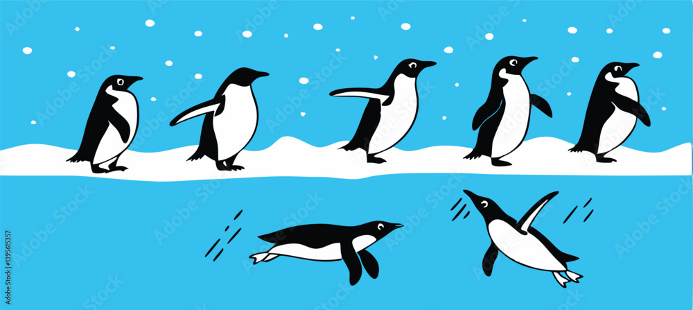 Naklejka premium Penguin Vector Collection – Stylized Emperor Penguins Walking, Swimming, and Grouped in Arctic Wildlife Scene.