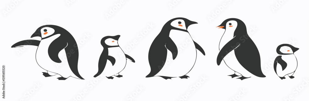 Obraz premium Penguin Vector Collection – Stylized Emperor Penguins Walking, Swimming, and Grouped in Arctic Wildlife Scene.