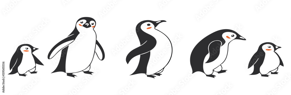 Naklejka premium Penguin Vector Collection – Stylized Emperor Penguins Walking, Swimming, and Grouped in Arctic Wildlife Scene.
