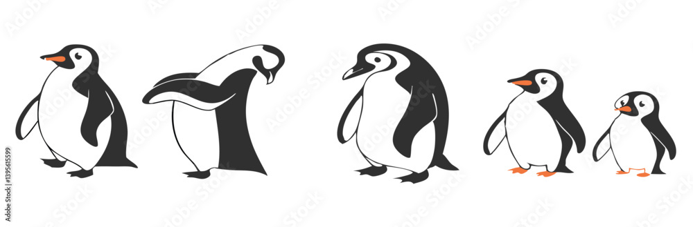 Naklejka premium Penguin Vector Collection – Stylized Emperor Penguins Walking, Swimming, and Grouped in Arctic Wildlife Scene.