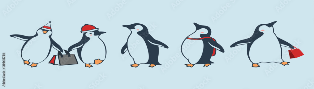 Fototapeta premium Penguin Vector Collection – Stylized Emperor Penguins Walking, Swimming, and Grouped in Arctic Wildlife Scene.