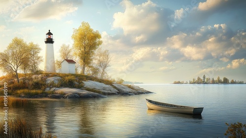Idyllic Oceanfront Setting with a Lighthouse and Anchored Boat