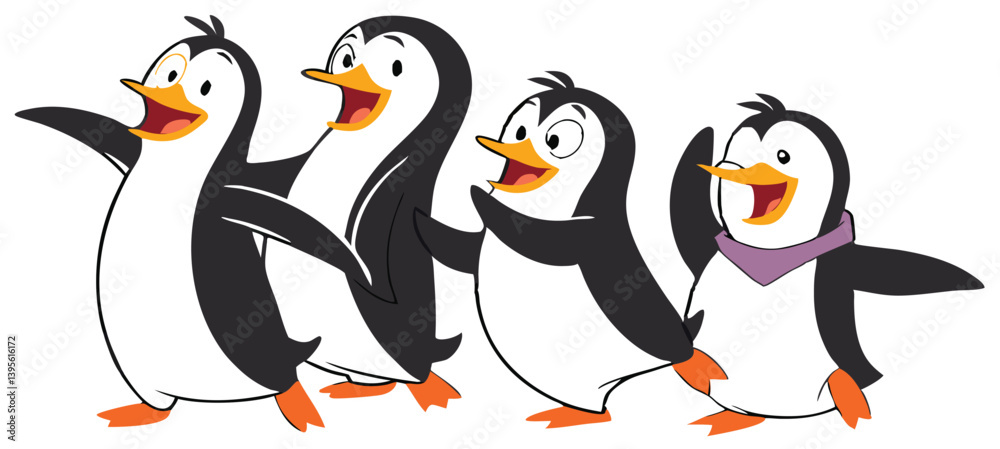 Obraz premium Penguin Vector Collection – Stylized Emperor Penguins Walking, Swimming, and Grouped in Arctic Wildlife Scene.