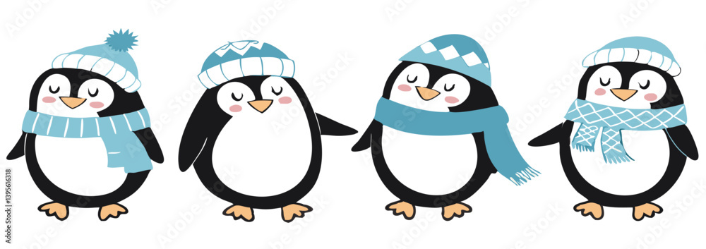 Fototapeta premium Cute Cartoon Penguin Collection – Winter Holiday, Snow Fun, and Summer Beach Clipart Set for Kids Designs and Seasonal Decorations.