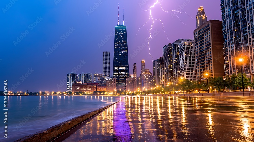 Obraz premium Lightning Strikes Over Chicago Skyline at Dusk with Reflections