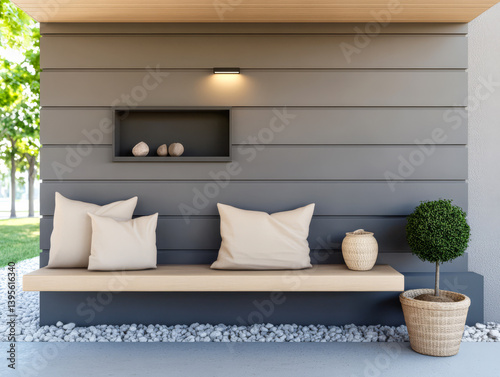 Modern outdoor seating area with minimalist design and natural elements