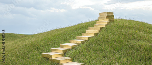 Gently sloping hill with wooden steps leading to sky, evoking sense of tranquility