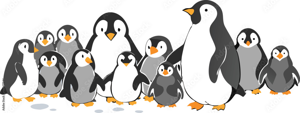 Obraz premium Penguin Vector Collection – Stylized Emperor Penguins Walking, Swimming, and Grouped in Arctic Wildlife Scene.
