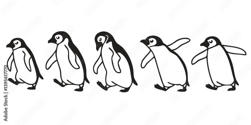 Obraz premium Penguin Vector Collection – Stylized Emperor Penguins Walking, Swimming, and Grouped in Arctic Wildlife Scene.