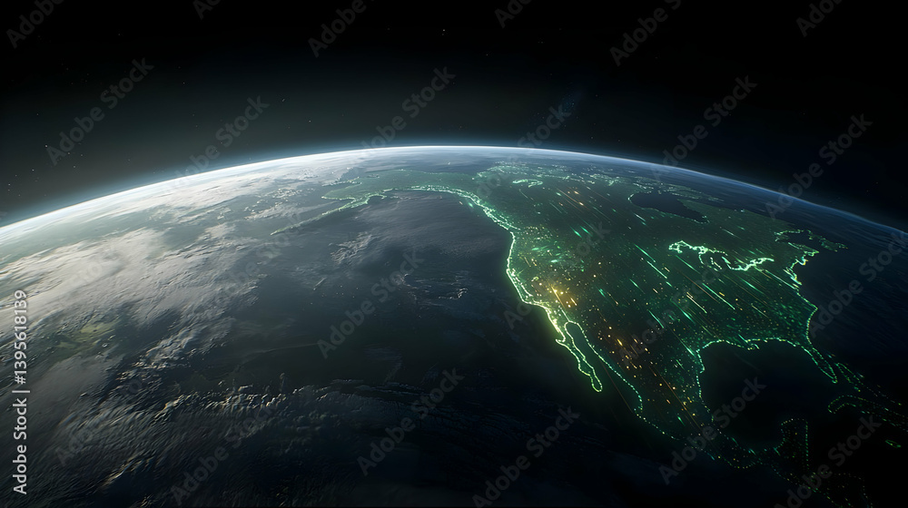 Obraz premium Pixelated Earth At Night Showing North America City Lights