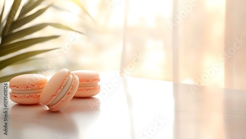 Three peach-colored macarons are placed on a light surface, with soft natural lighting and a hint of greenery in the background. Concept Peach Macarons, Soft Natural Lighting, Light Surface