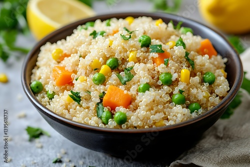 Healthy quinoa bowl with mixed vegetables and fresh herbs on table