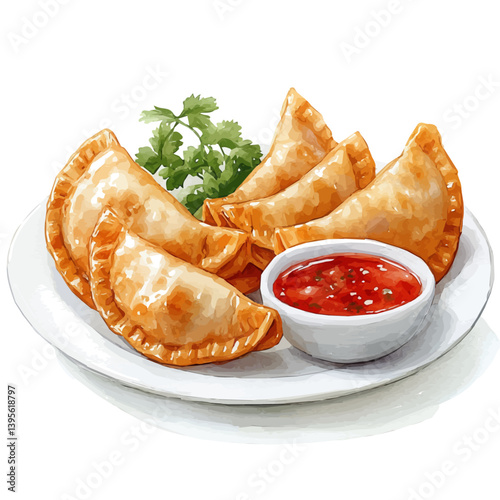 Gyoza, watercolor illustration, isolated on a white background.

