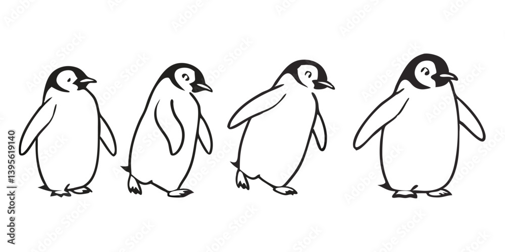 Fototapeta premium Penguin Vector Collection – Stylized Emperor Penguins Walking, Swimming, and Grouped in Arctic Wildlife Scene.