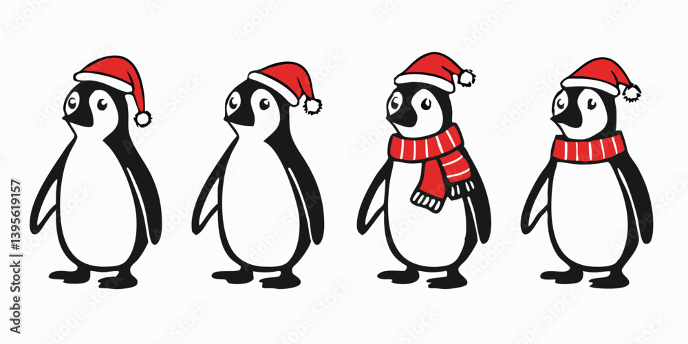 Obraz premium Cute Cartoon Penguin Collection – Winter Holiday, Snow Fun, and Summer Beach Clipart Set for Kids Designs and Seasonal Decorations.