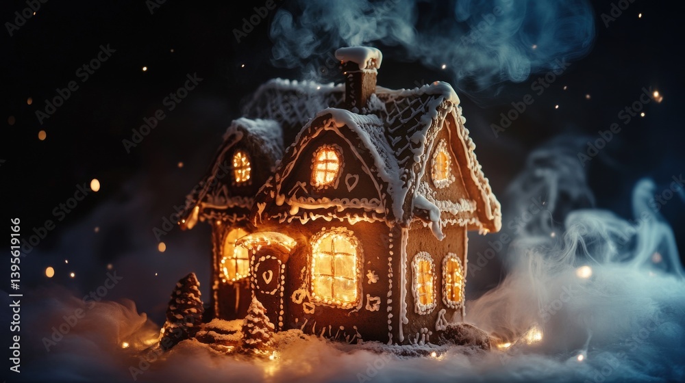 Illuminated gingerbread house surrounded by snow and festive shimmering lights Illuminated gingerbread house surrounded by snow and festive shimmering lights