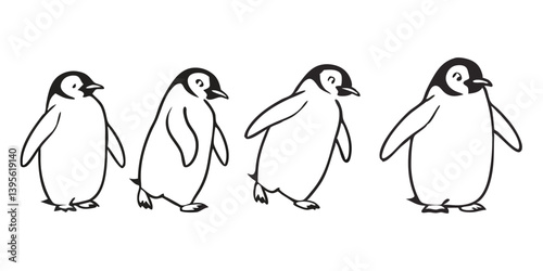 Penguin Vector Collection – Stylized Emperor Penguins Walking, Swimming, and Grouped in Arctic Wildlife Scene.