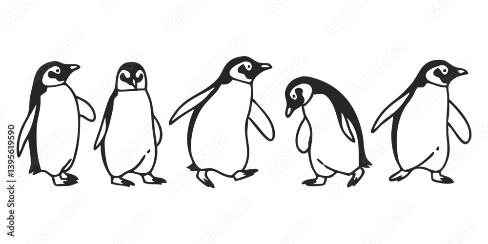 Obraz premium Penguin Vector Collection – Stylized Emperor Penguins Walking, Swimming, and Grouped in Arctic Wildlife Scene.