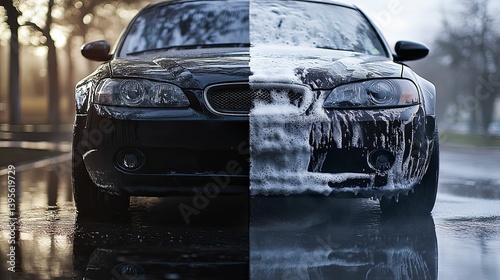 A dark car's front half is covered in sudsy car wash foam.