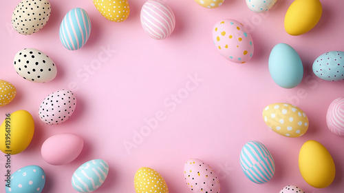Easter Eggs with Stripes and Dots on Pink Background Colorful Decoration Design