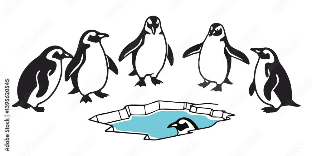 Obraz premium Penguin Vector Collection – Stylized Emperor Penguins Walking, Swimming, and Grouped in Arctic Wildlife Scene.