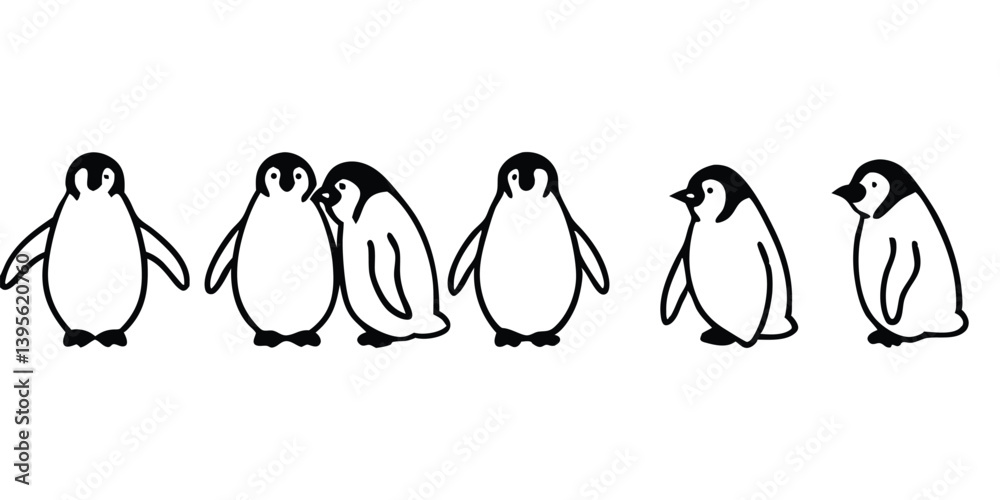 Obraz premium Penguin Vector Collection – Stylized Emperor Penguins Walking, Swimming, and Grouped in Arctic Wildlife Scene.