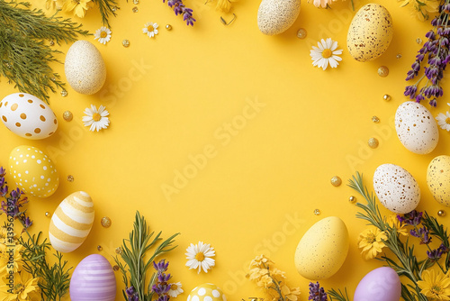 Festive Easter Eggs with Flowers on Yellow Background for Celebration and Decoration