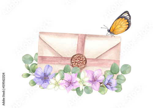 Spring flower bouquet, butterfly and sealed envelopes for letters watercolor illustration isolated background. Blue, pink , white flowers and orange moth insect for greeting cards, invitation design