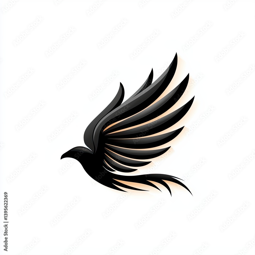 Fototapeta premium Elegant Black Bird Silhouette with Outstretched Wings on White Background