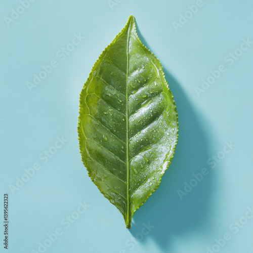 A single, vibrant green leaf with water droplets rests on a light blue background, showcasing its glossy texture and natural beauty in a minimalist composition