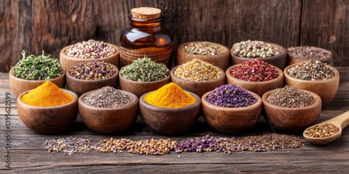 Fototapeta Naklejka Na Ścianę i Meble -  A collection of wooden bowls filled with various herbs, spices, and grains, perfect for culinary or natural health themes.