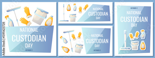 Poster for National Custodian Day, October 2. House cleaning accessories set, mop, bucket, cleaning agent, spray, gloves. Design of square postcard, horizontal banner and leaflet.