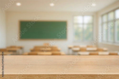 Empty wood table top blurred background Cclassroom interior with wooden desk, green chalkboard. Back to School,  Academic Education Concept, Learning Space. For display or montage your products